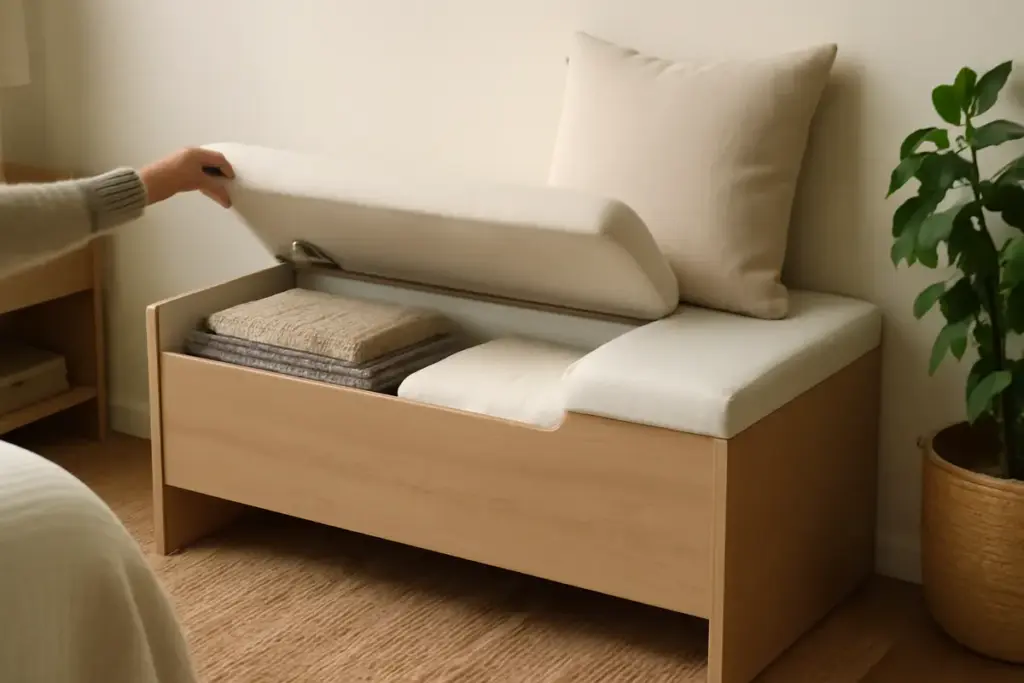 Panchine con contenitore in camera: organizzazione e design in una sola soluzione